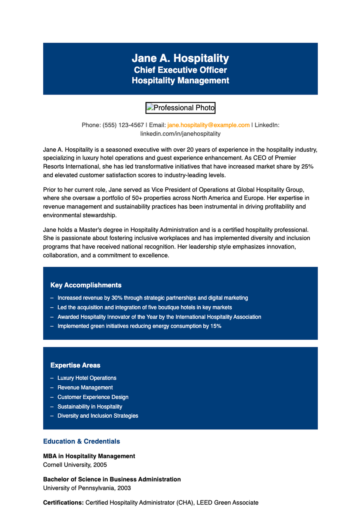 Professional hospitality industry management executive resume with blue header and photo_variant_1